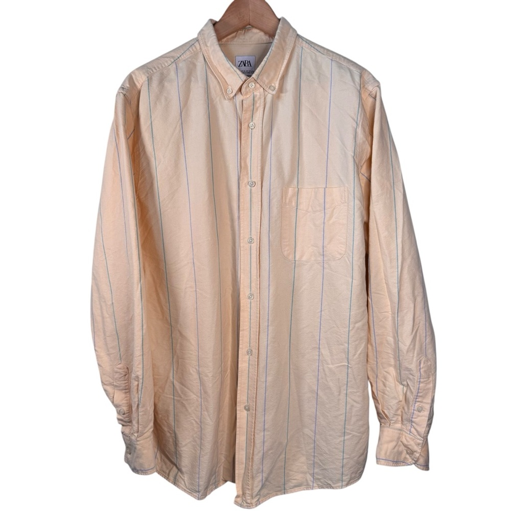 Zara Relaxed Fit Long Sleeve Button Down Shirt Size XL Yellow Blue Stripe Pocket